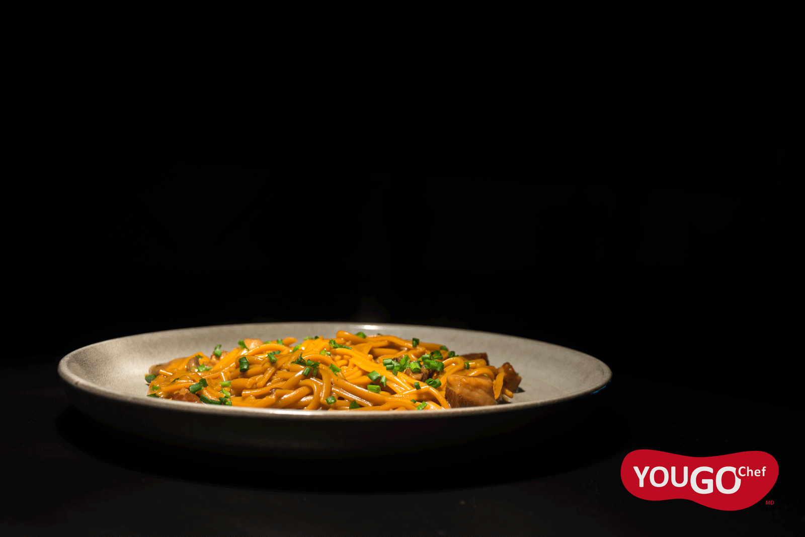 Linguini with mushroom demi-glace and grilled pancetta